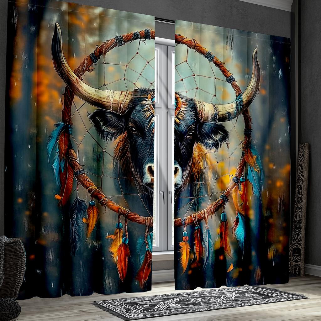 2pcs Highland Cow Dreamcatcher Curtains - Boho Chic Feather Design   Semi-Transparent Polyester Drapes with Vibrant Autumnal Fore
