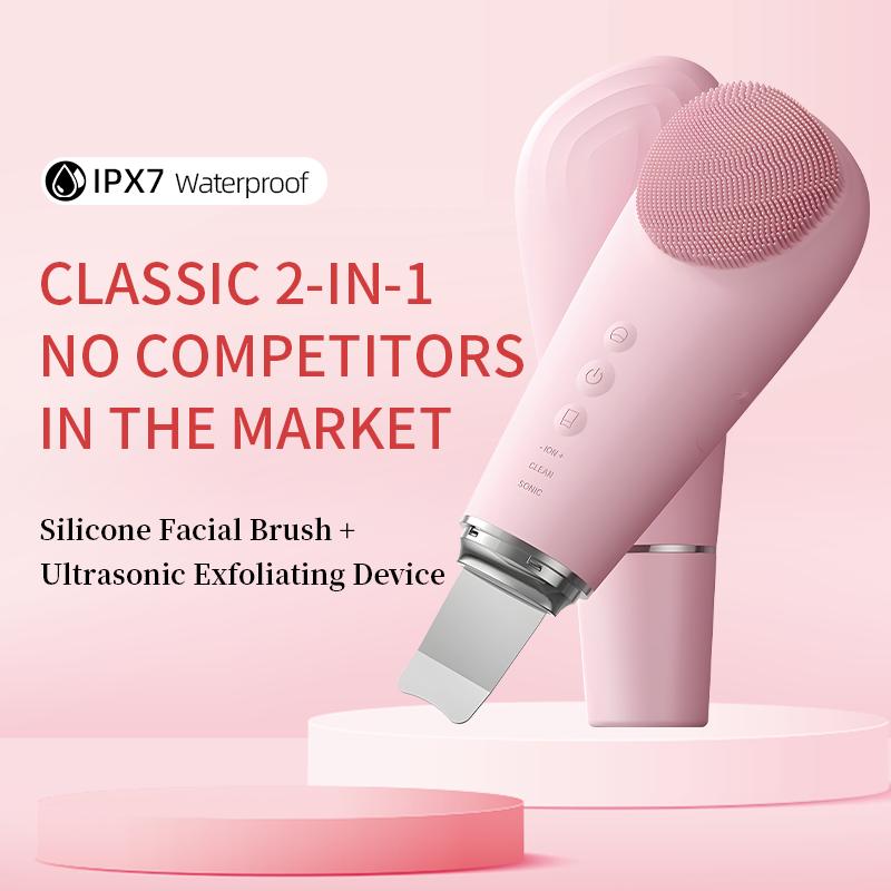 2 in 1 Electric Silicone Facial Cleansing Brush Ultrasonic Face Scrubber Skin Spatula Pore Extractor Deep Cleansing for Skincare