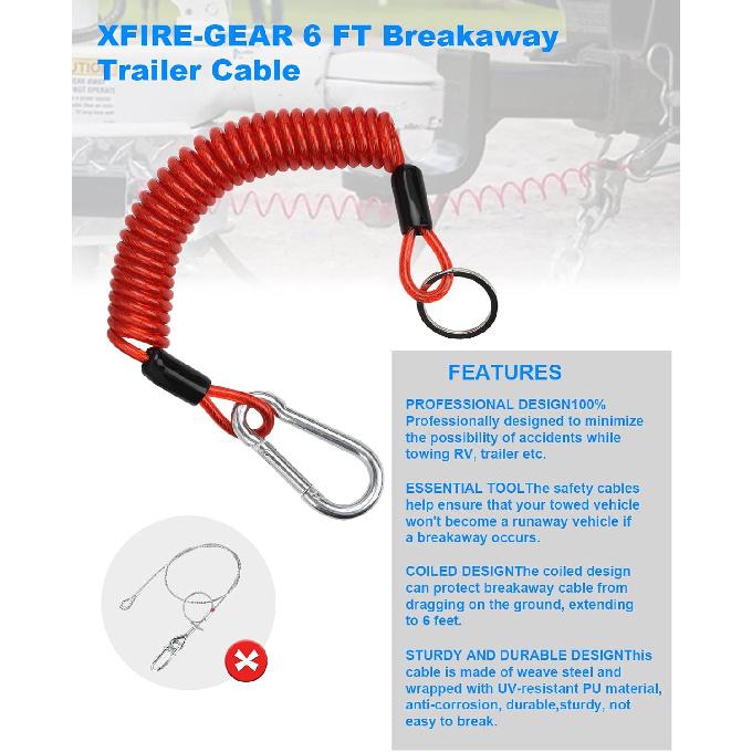 6FT Trailer Brake Away Cable, Trailer Breakaway Safety Cable Spring Towing Coiled Wire For RV Trailer Emergency Camper Breakaway Switch
