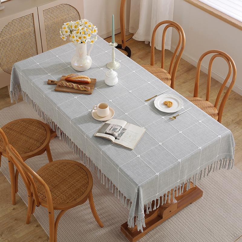 Simple Fabric Plaid Tablecloth Hand-Torn Tassel Imitation Cotton And Linen Dust-Proof Dining Table Mat Decorative Tablecloth Cover Towel
