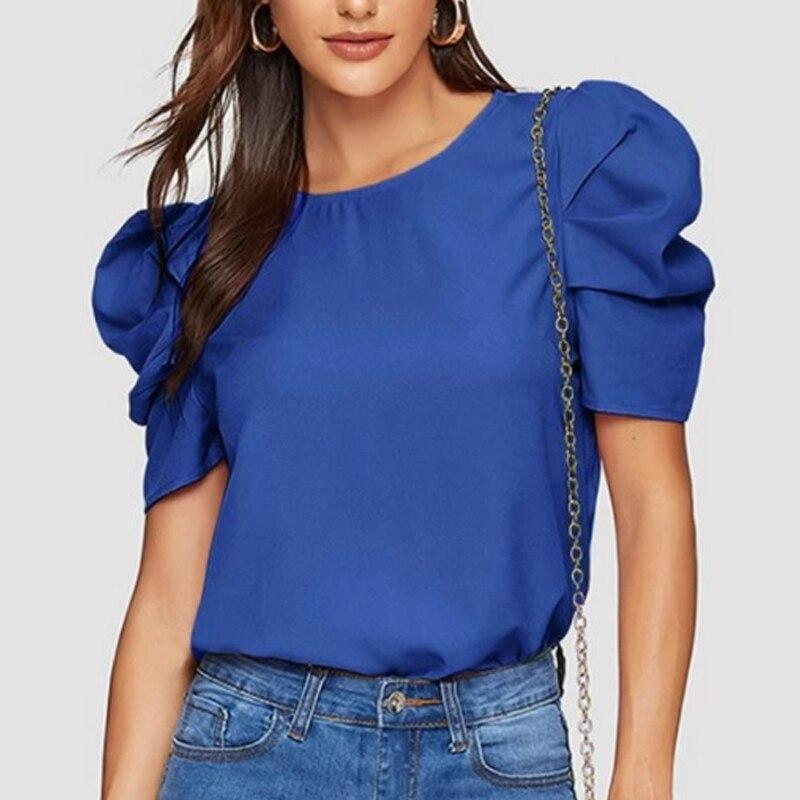 Mode Lässig Vintage Sommer Shirt Frauen Puff Kurzarm Weiße Bluse Oansatz Streetwear Elegante Tops Frauen Kleidung 25291 S dunkelblaue
