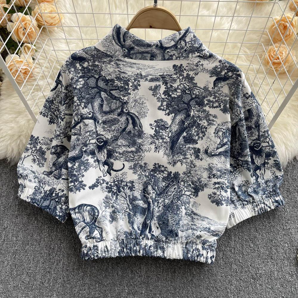 RUGOD Fashionable Temperament Suit Women's Tie-dye Printed Short Shirt High Waist A-line Skirt Western Style Two-piece Suit