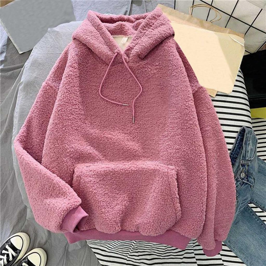 Hanorac de damă la modă, uni, cu mâneci lungi, cu glugă, cald de lână de oaie, casual