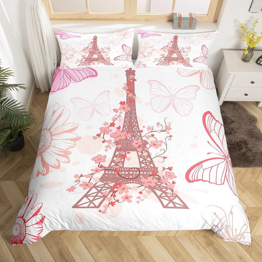 Eiffelturm Bettbezug Twin King Rustikales Bauernhaus Ahornblätter Bettdeckenbezug Mikrofaser Romantisches Thema Bettwäsche-Set 2/3-teilig