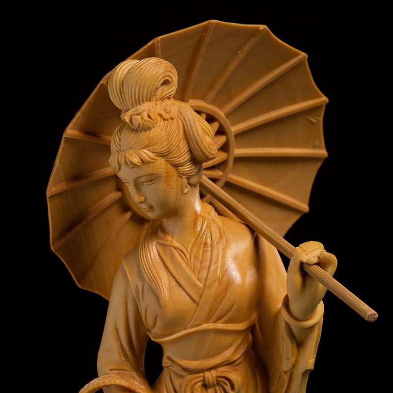 Wood Carving JJiangnan Beautiful Girl Character Figurines Hand Carving Home Living Room Office Table Decoration and Accessories
