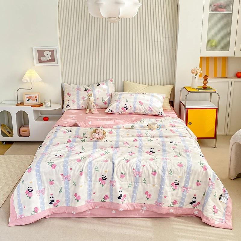 Fresh Floral Quilt 100% Cotton Flowers Print Air Conditioning Quilted Quilt Soft Breathable Lightweight Multifunction Blanket