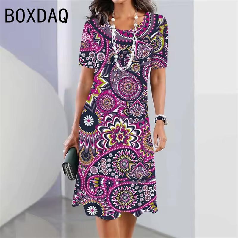 Retro Ethnic Print Mini Dress Women's Fashion Street Style Summer Short Sleeve Round Neck Casual Dress Vestidos De Mujer