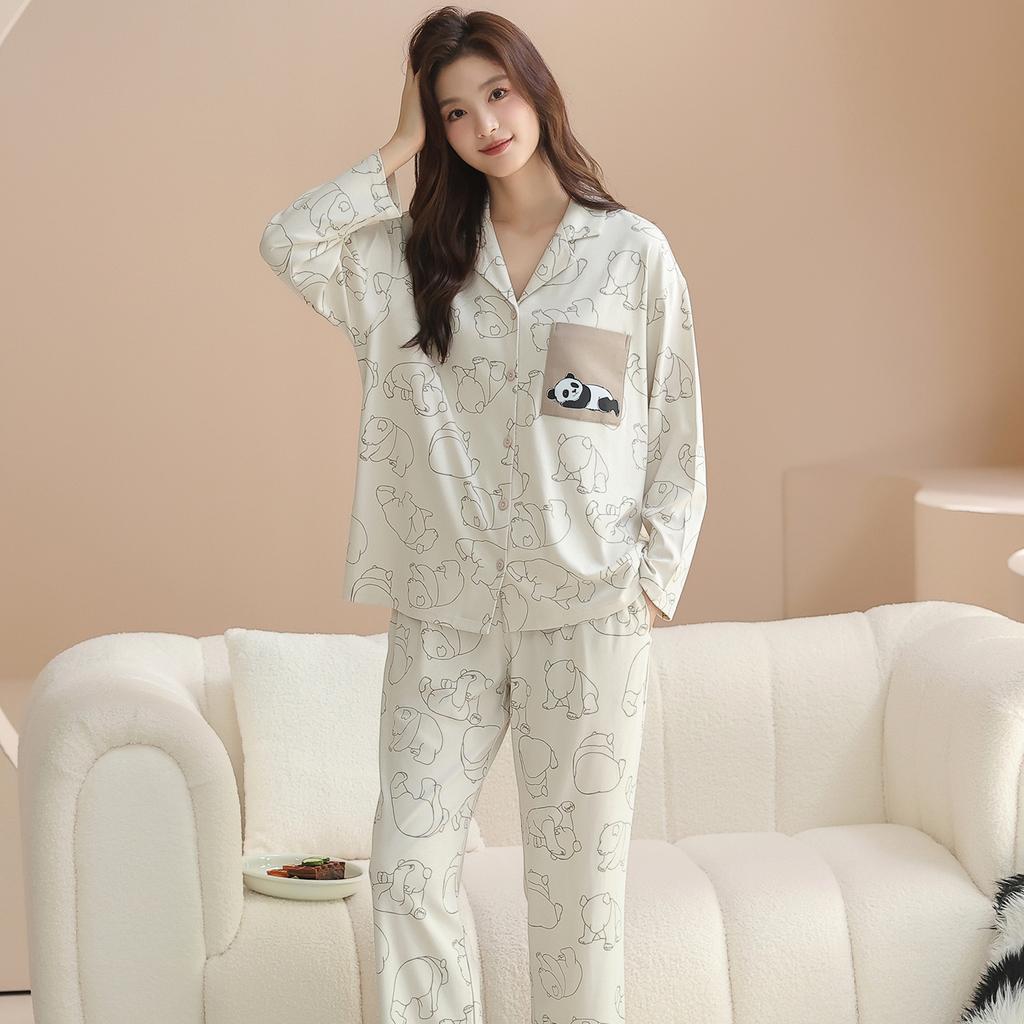 Pajamas Women's Pure Cotton Spring and Autumn 1011 New Women's Long-sleeved Pants Loungewear Korean Cotton Suit Can Be Worn Outside