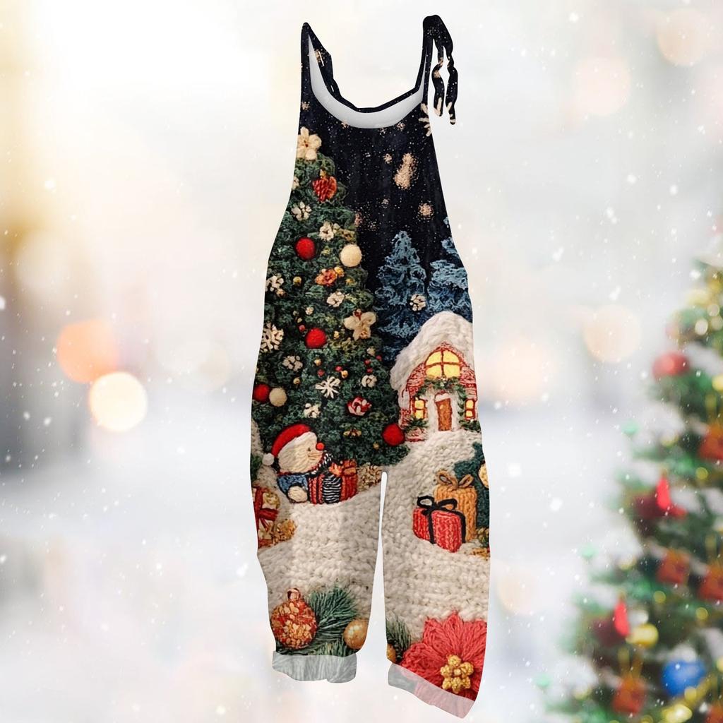 Frauen Overall Weihnachts Druck Beiläufige Lose Vintage Schulter Gurt Baumwolle Leinen