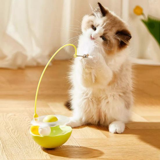 Rocking Cat Toy Interactive Cat Exercise Tumbler with Balls Feather Cat Teaser Stick with 2 Bells for Cat Mental Stimulation Anxiety Relief