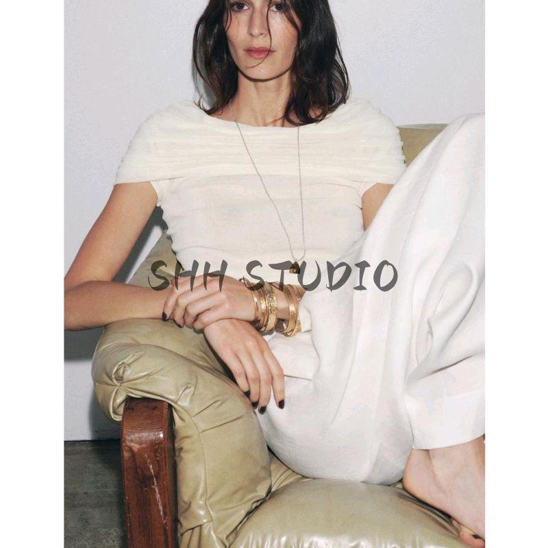 Autumn New Women Clothes French Style Curling Trim Layer Straight Collar Pleat off-the-Shoulder Fashion Knitted Top 2893101