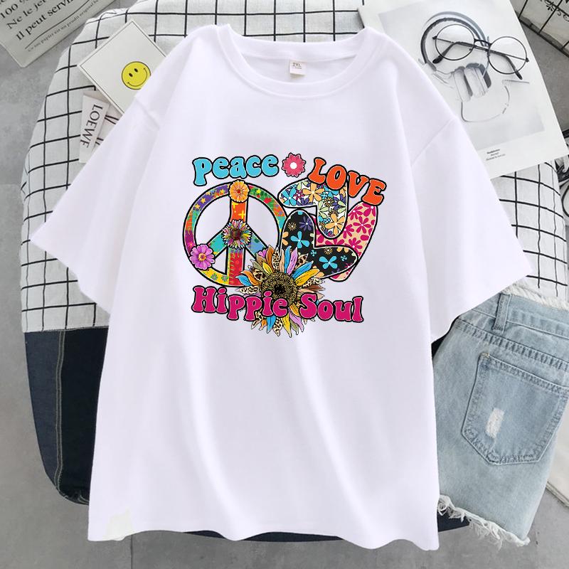 Peace Love Hippie Soul Printing Female T-Shirt Summer Cool Short Sleeve Breathable Cotton Tops Street Loose T Shirt Women