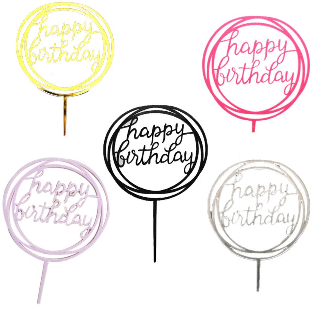 Round Happy Birthday Letter Cake Topper Acrylic DIY Cupcake Cake Smash Candle Party Handmade Stick