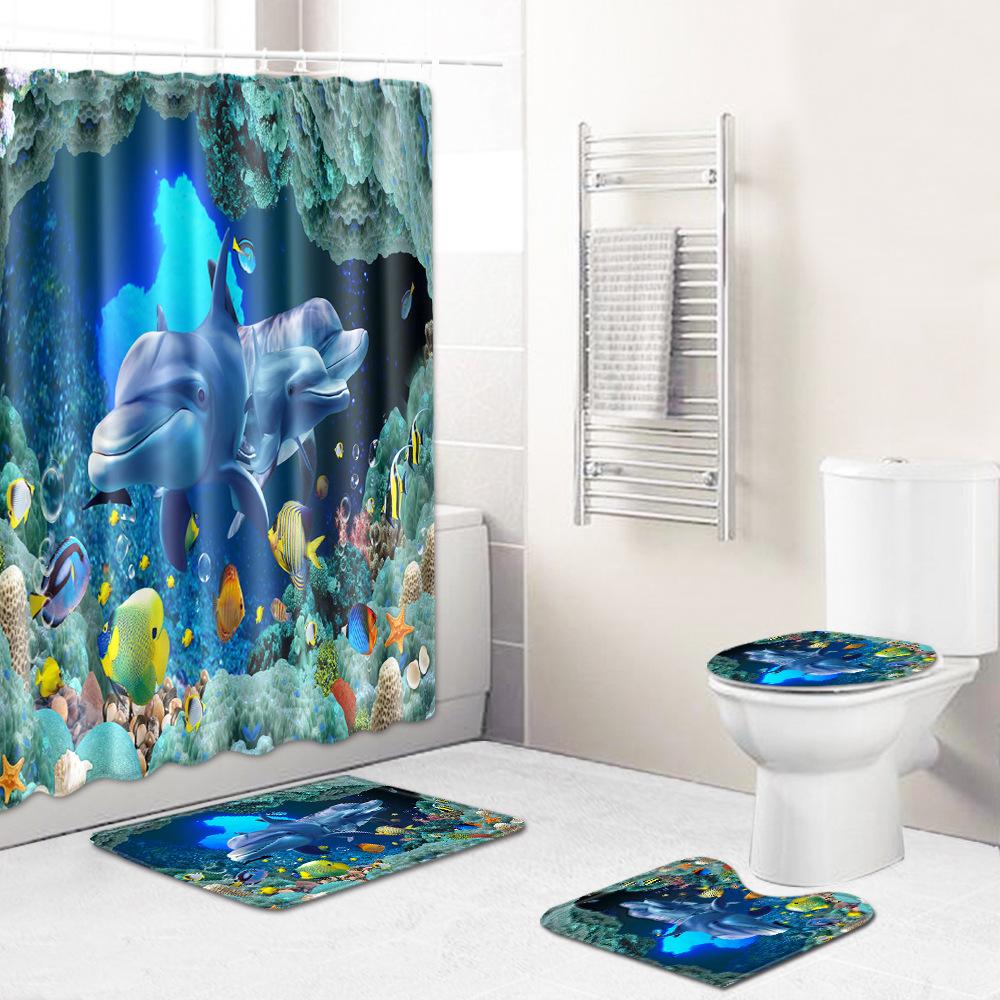 Fashion Sea World Dolphin Shower Curtain Set Bathroom Non-Slip Bath Mat Toilet Lid Cover Polyester Waterproof