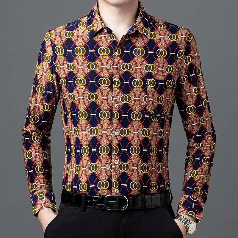 Men s Autumn Printed Long Sleeve Casual Shirt Wrinkle-Resistant Loose Fit M