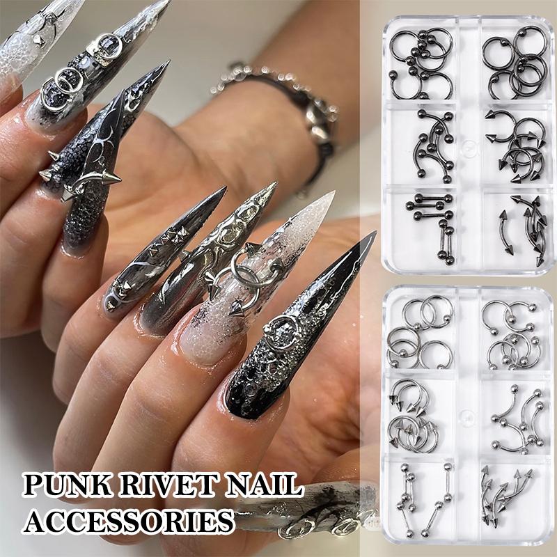 20/30/60Pcs Punk Metal 3D Nail Charms Fingertip Ring Studs Black/Silver Alloy Nail Art Decoration Manicure Supplies Accessories