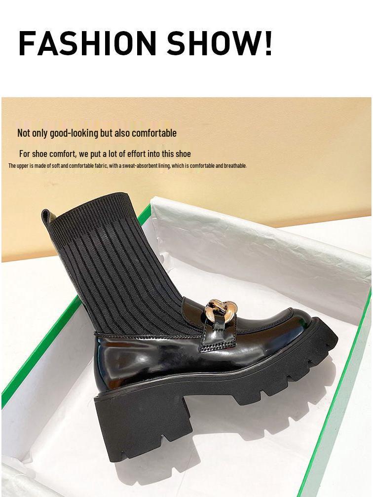 Women's Spring 2025 Chunky Heel Ankle Boots - British Style, Elastic Slimming, Hidden Heel, Sock Boot Design, Suitable for Autumn.