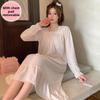 Women's Cute Sweet Long-Sleeve Nightdress with Chest Pad, Medium-Length, Plus Size Home Wear for Spring & Autumn