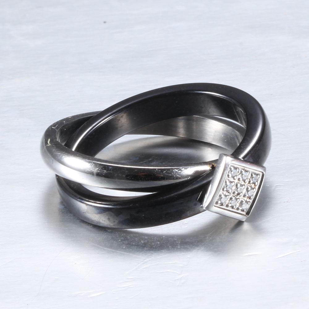 European & American 7MM Zirconia Inlaid Stainless Steel Black Silver Ceramic Women's Ring