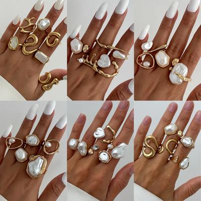 Baroque Irregular Imitation Pearl Open Ring Set INS Irregular Geometric Ring