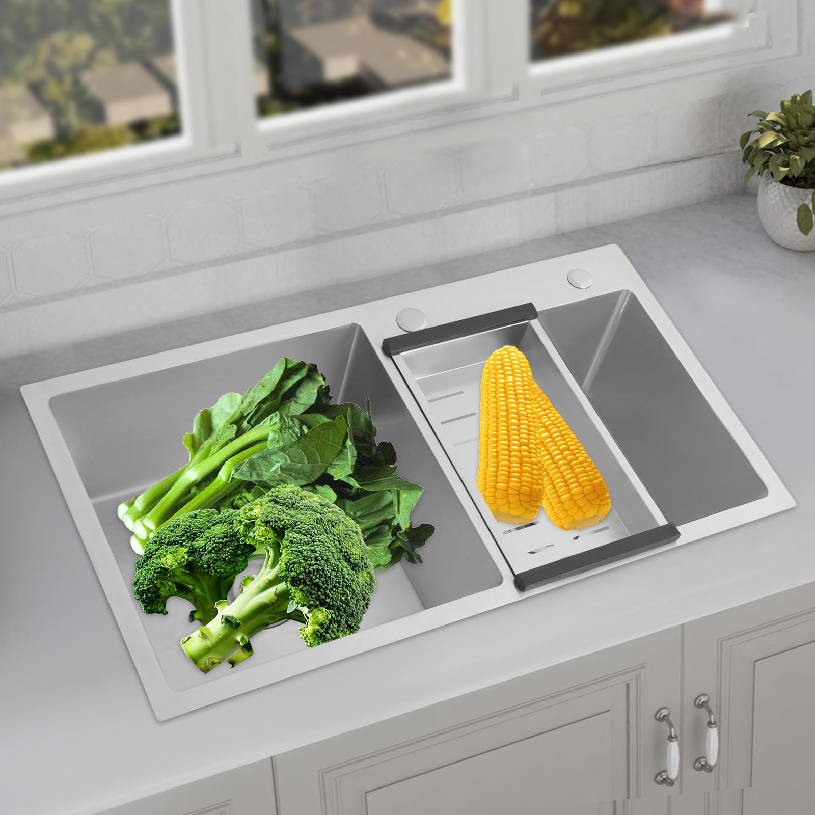 

Stainless Steel Double Bowl Kitchen Sink w/ Drain Basket, Modern Silver Rectangle Sink - 2 Basin, 14.72x14.96in & 12.99x12.99in срібний