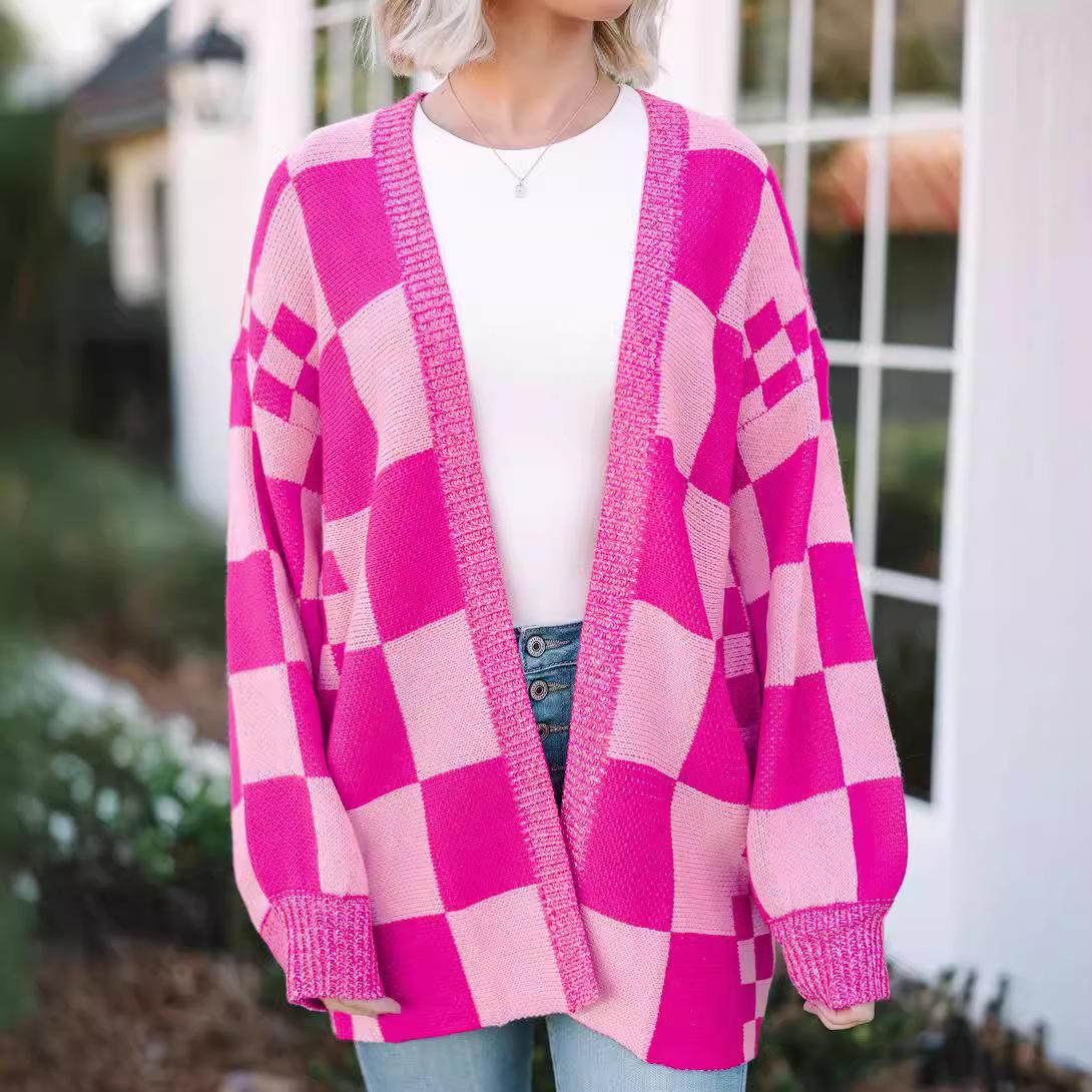 

2024 Autumn Women s Checkered Knit Cardigan - Long Sleeve, Casual European & American Style Small