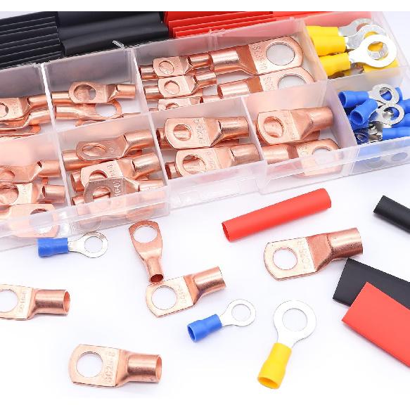 Taiss 110PCS Copper Wire Lugs,Battery Lugs AWG 2/4/6/8/10/12/14/16 Gauge Copper Lugs Assortment,Battery Cable Ends Copper Ring Terminals Connectors