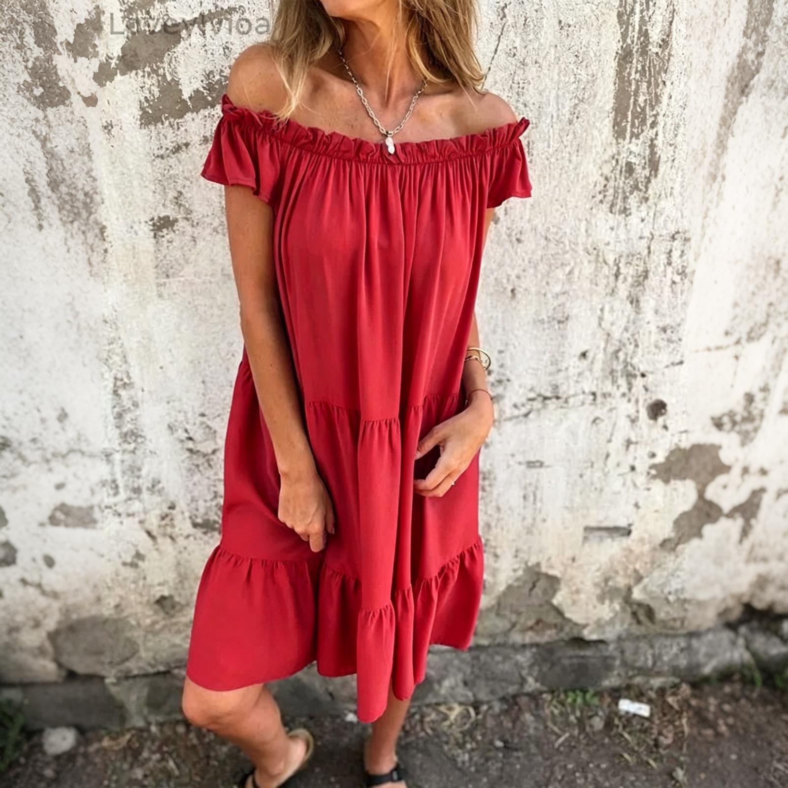 

Women Bohemian Patchwork Off Shoulder Ruffle Short Sleeve Dress Casual Loose Fit Summer Beachwear L