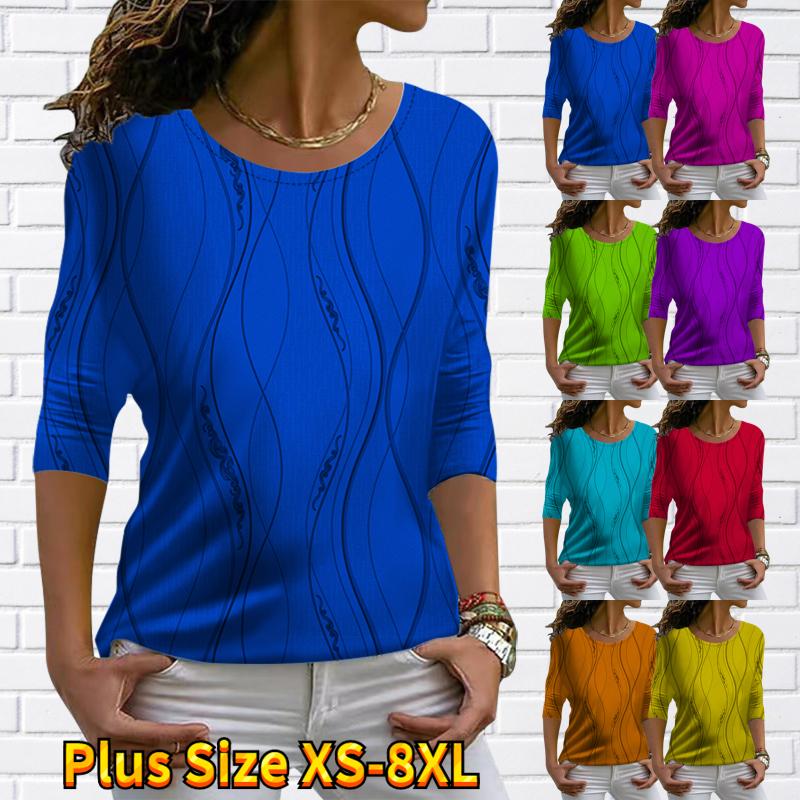 Buy Tops For Women 3D Abstract Curve Print Round Neck Long Sleeve Tshirt Fall Casual Slim