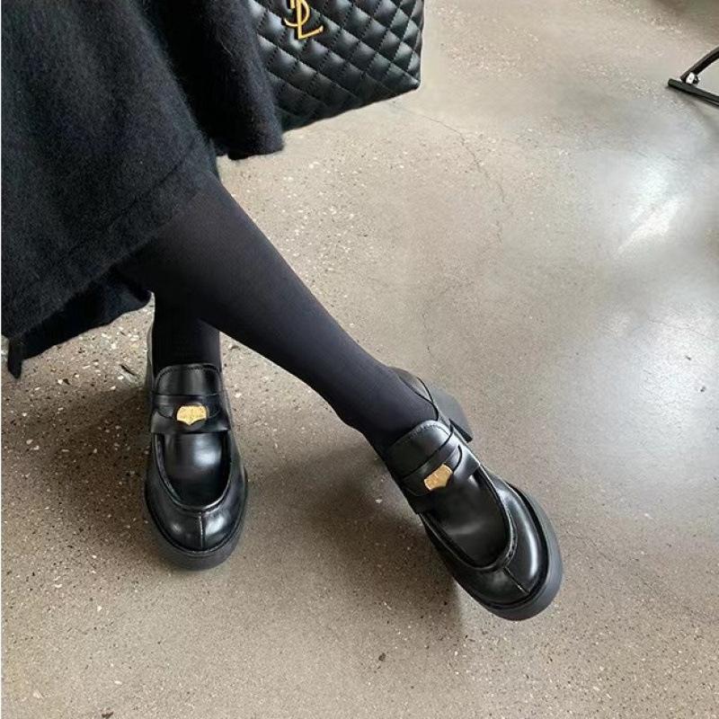 Retro Round Head Small Gold Coin Heightened Thick Heel Thick Sole Small Leather Shoes Women's Single Shoes