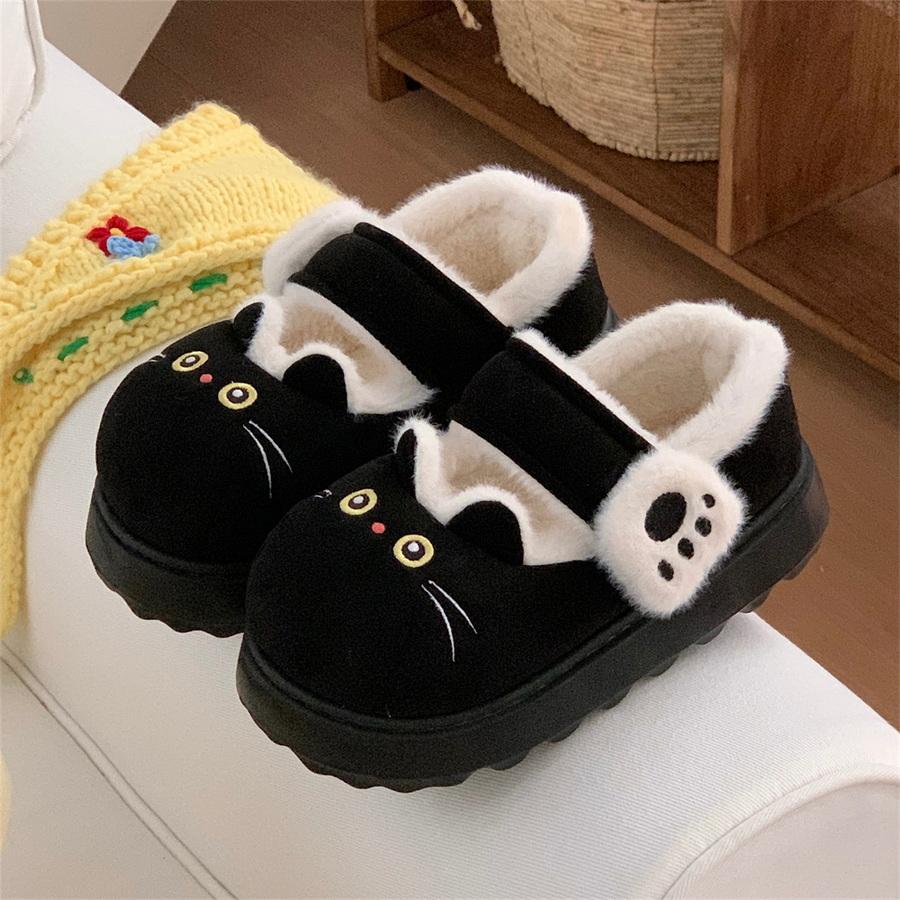 New Fuzzy House Slippers Woman Sweet Furry Cat Designer Mary Janes Shoes For Women Thick Sole Home Slipper Floor Shoes Bedroom