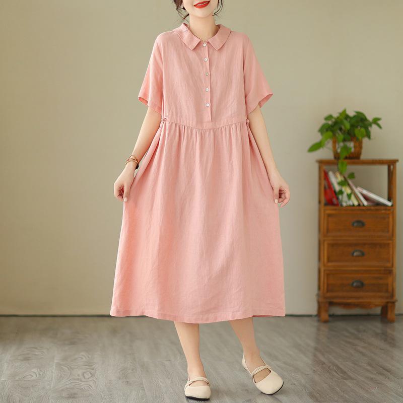 2024 Summer Japanese Style Cotton-Linen Polo Collar Midi Dress for Women