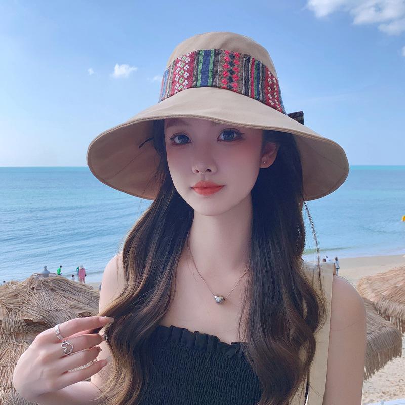 National Style Spring and Autumn New Hat Women's Bucket Hat Bow Sunscreen Sun Hat Summer Big Brim Sun Hat