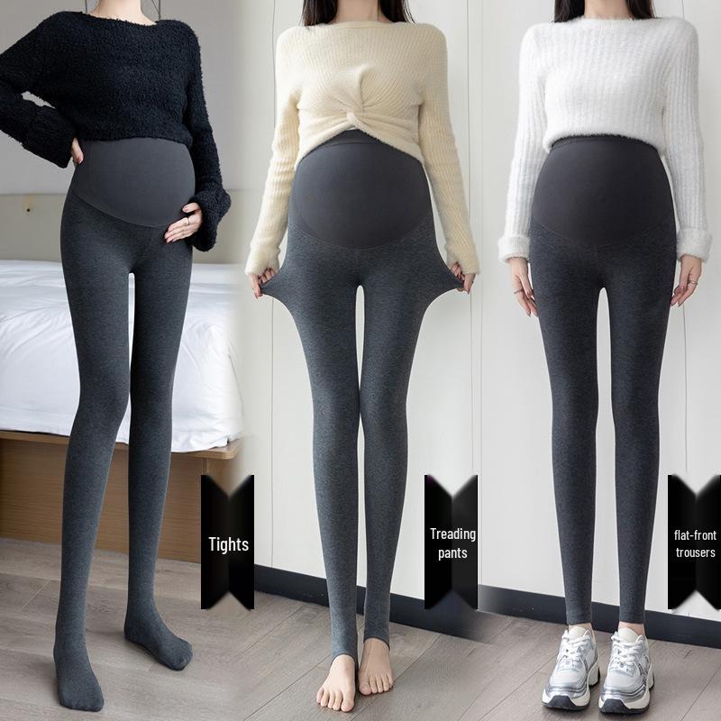 

Versatile Maternity Ribbed Seamless High-Waisted Adjustable Support Tummy Tights - Cropped, Footed Winter Base Layer Pants Medium Gray Stirrup 300g