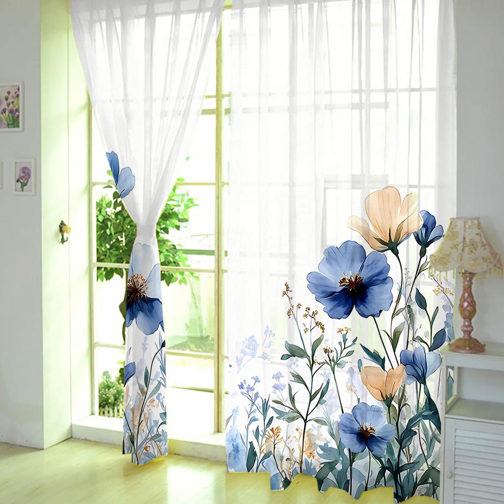 2 Pieces Hd Digital Blue Flowers Printed Window Screen Home Decor Style Decoration Living Room Window Curtain