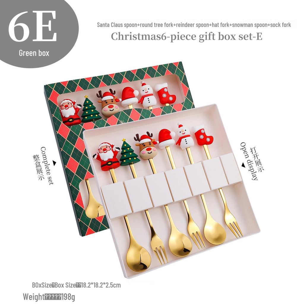Cross-Border Christmas Stainless Steel Fork & Spoon Gift Set - Reindeer & Snowman Cartoon Pattern Dessert Gold Cutlery