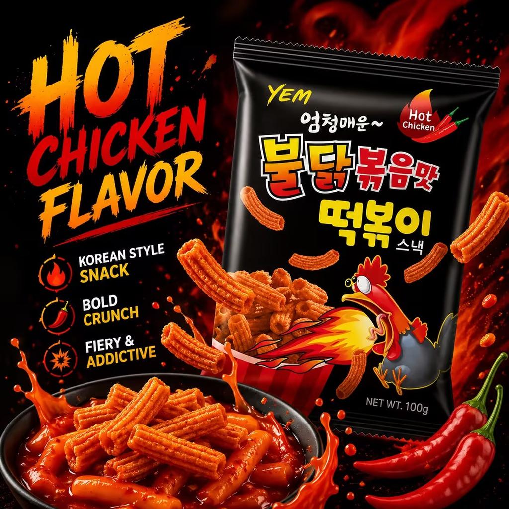 Snack YEM Tiras de Pastel de Arroz de Pollo Picante 100g | Rico sabor a pollo picante, textura crujiente inflada, forma de tira masticable