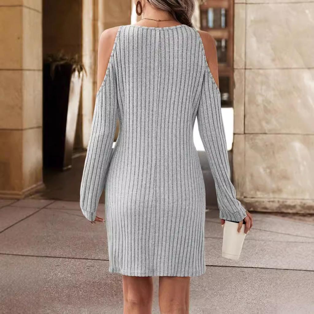 Women Spring Autumn Long Sleeve V Neck Off Shoulder Solid Color Pit Package Hip One Piece Dress