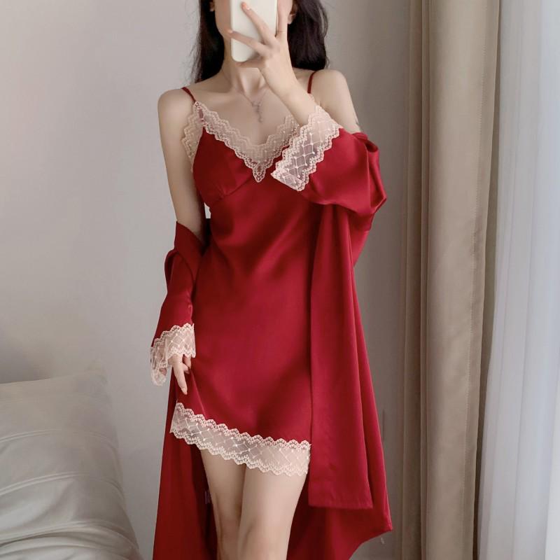 2023 Women's Sexy Summer Two-Piece Pajama Set: Ice Silk Camisole Nightdress & Long Sleeve Robe with Chest Pads
