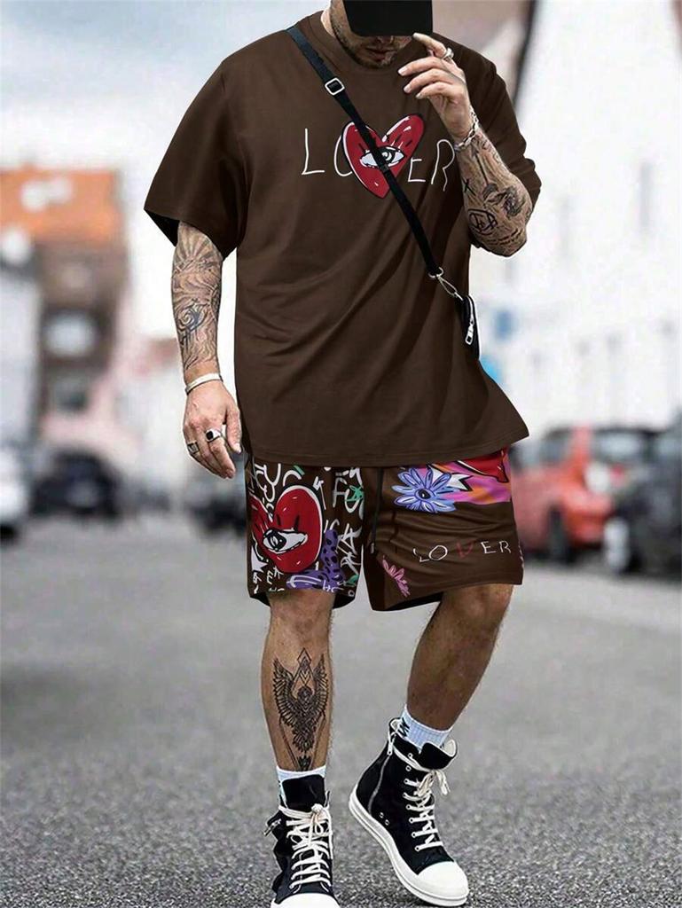Men's Summer Two-piece Sports Style Love Printed T-shirt Casual Outdoor Short-sleeved Drawstring Fun Shorts Men's Summer Wear