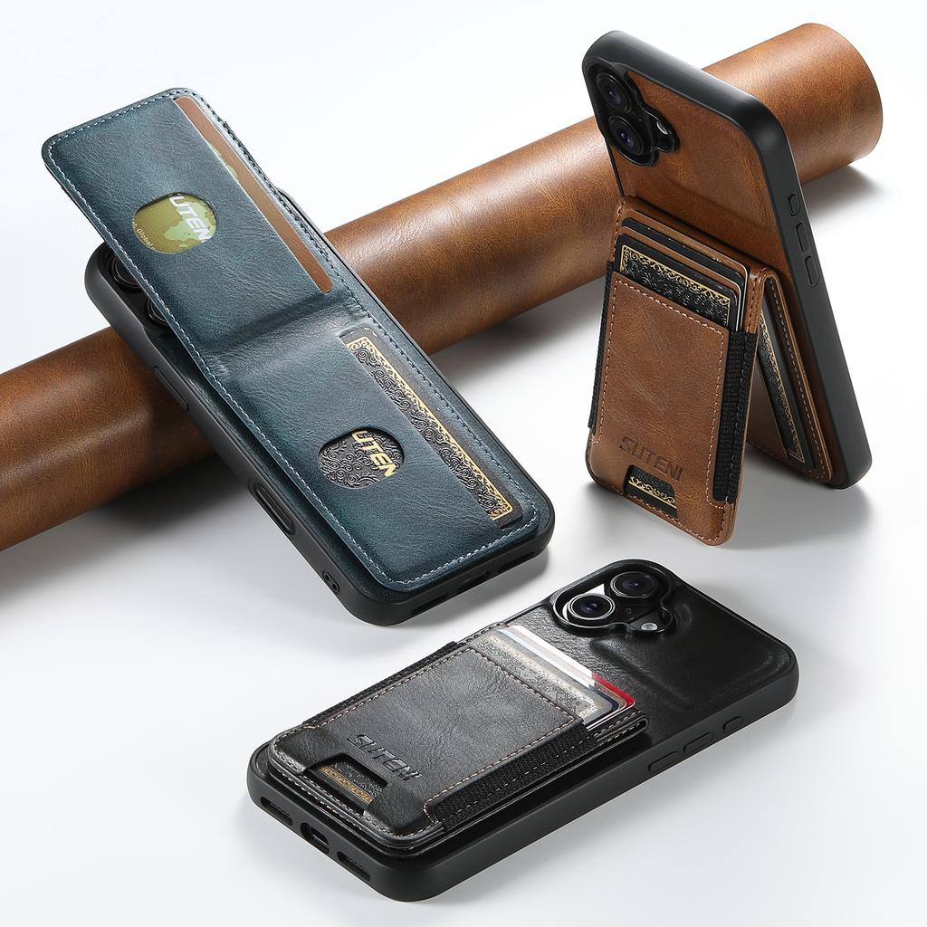 SUTENI H03 For iPhone 16 Case Card Holder Waxy Texture Leather+TPU Phone Cover
