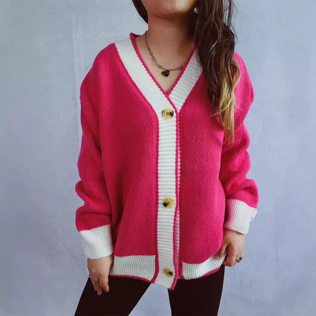 New Autumn and Winter Contrasting Cardigan Sweater, Street Style Loose Knit Sweater 3566 EMA