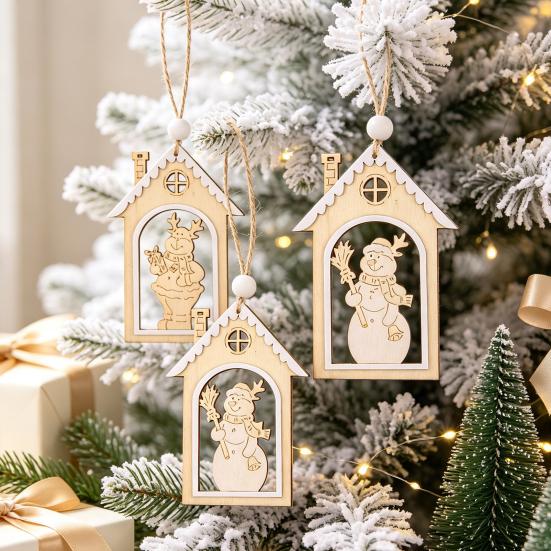 Reusable Festive Home Decor Wooden Christmas House Snowman/Reindeer Hanging Ornament, DIY Xmas Pendant with Nordic Style Tree Pendants Hemp