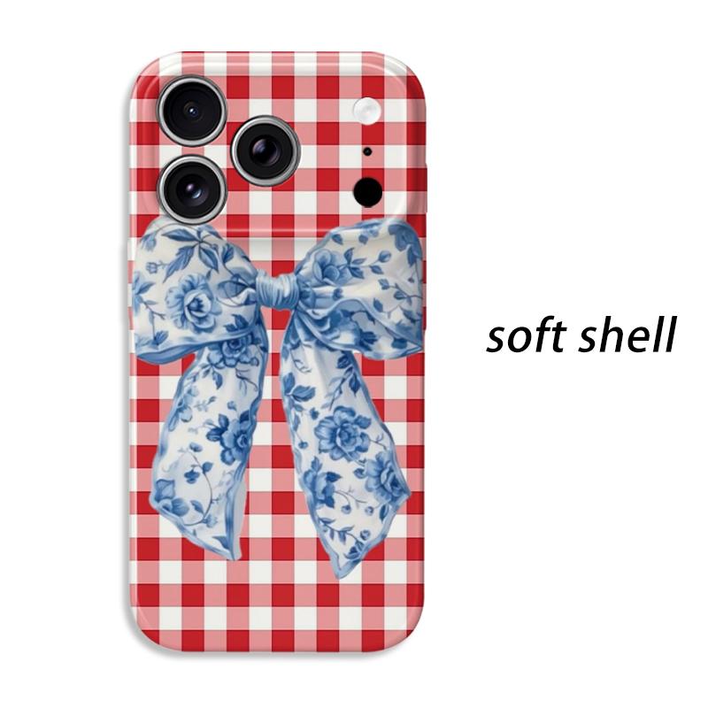 Classic Red Gingham Blue Floral Motif Bow Art Graphic Film Aesthetic Protective Shockproof Bumper Phone Case Cover For iPhone 14 15 16 Pro Max Plus
