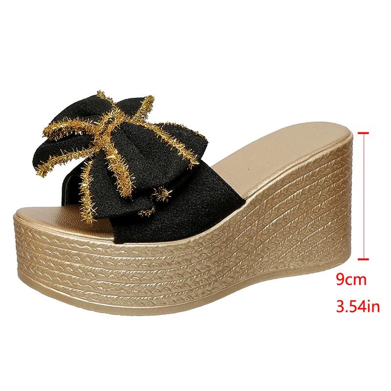 Fashion Bowknot Decor Chunky Platform Slippers Woman Plus Size Fashion Wedge Heel Sandals for Women Summer Thick Bottom Beach Slippers