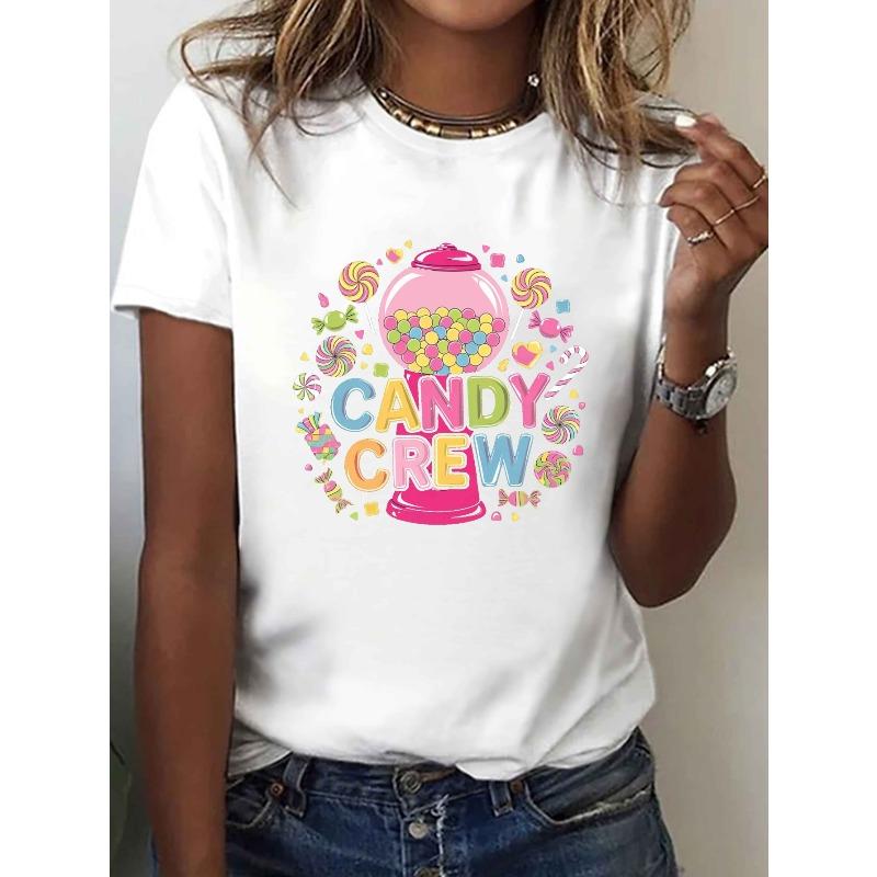 Women's CANDY CREW Bold Colorful Print Tee Crew Neck Short Sleeve Summer Spring Casual Top