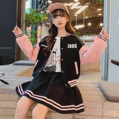 Girls’ Korean-Style Baseball Jacket and Pleated Skirt Set - Red, Autumn/Spring