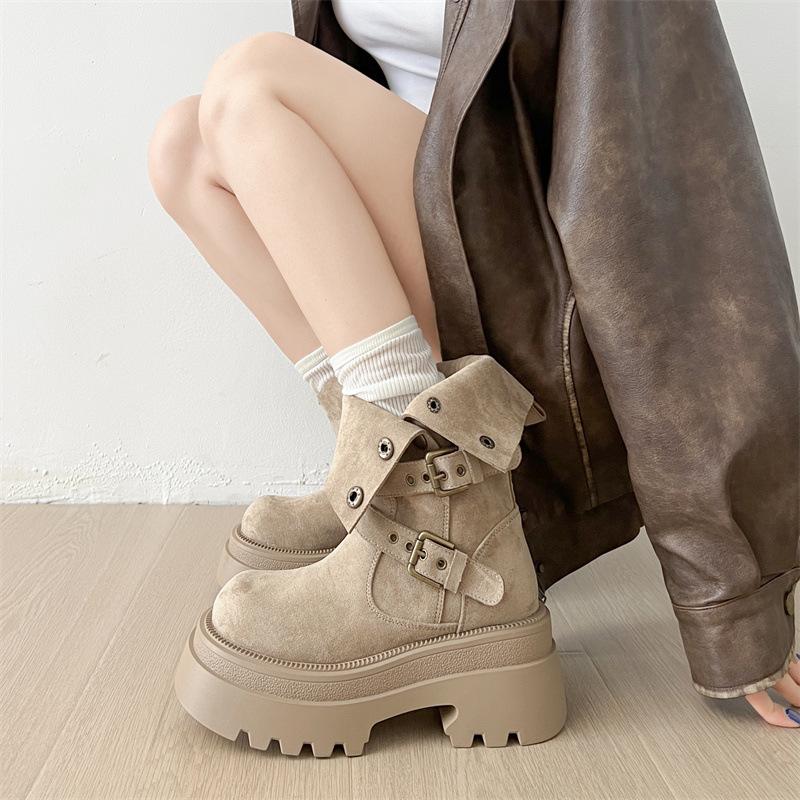 Black Retro Thick Heel Platform Martin Boots Women's 2025 New Spring and Autumn British Style Thin and Heightened Medium Boots