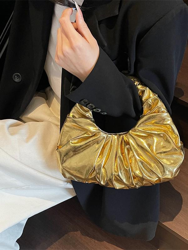 Women's Glossy Metal PU Cloud Handbag with Pleated Design - European & American Style