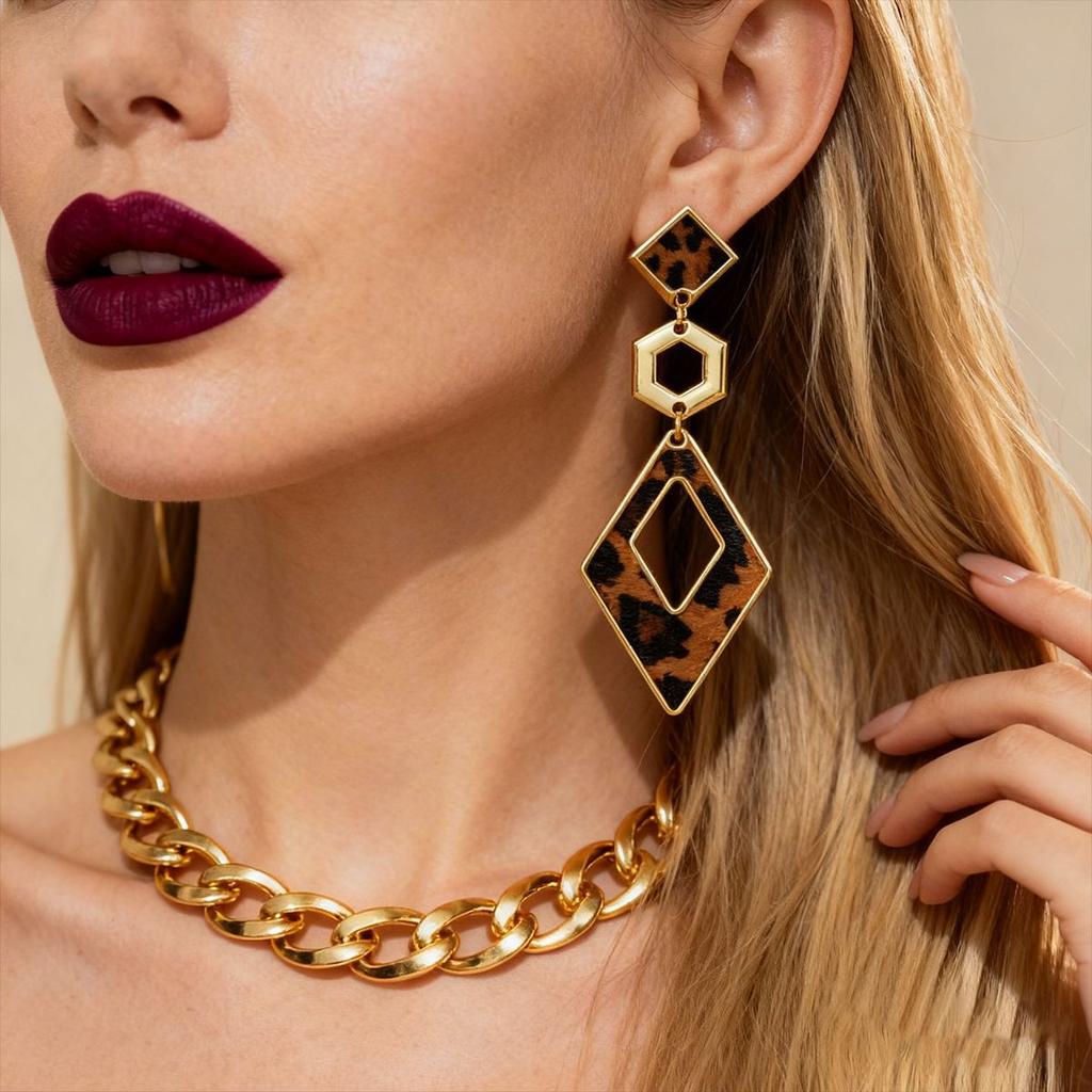 Autumn and winter retro leopard print geometric fan-shaped love silver needle earrings niche earrings